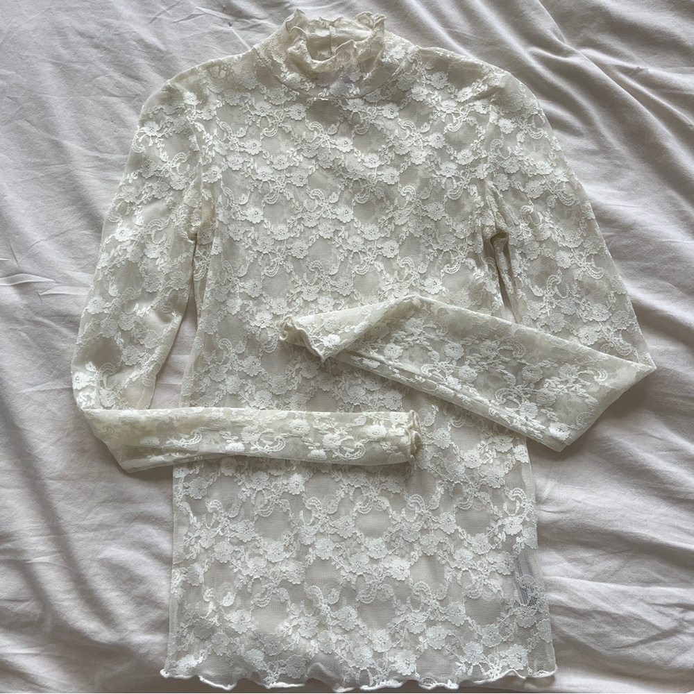Urban Outfitters Lace High Neck Long Sleeve - White